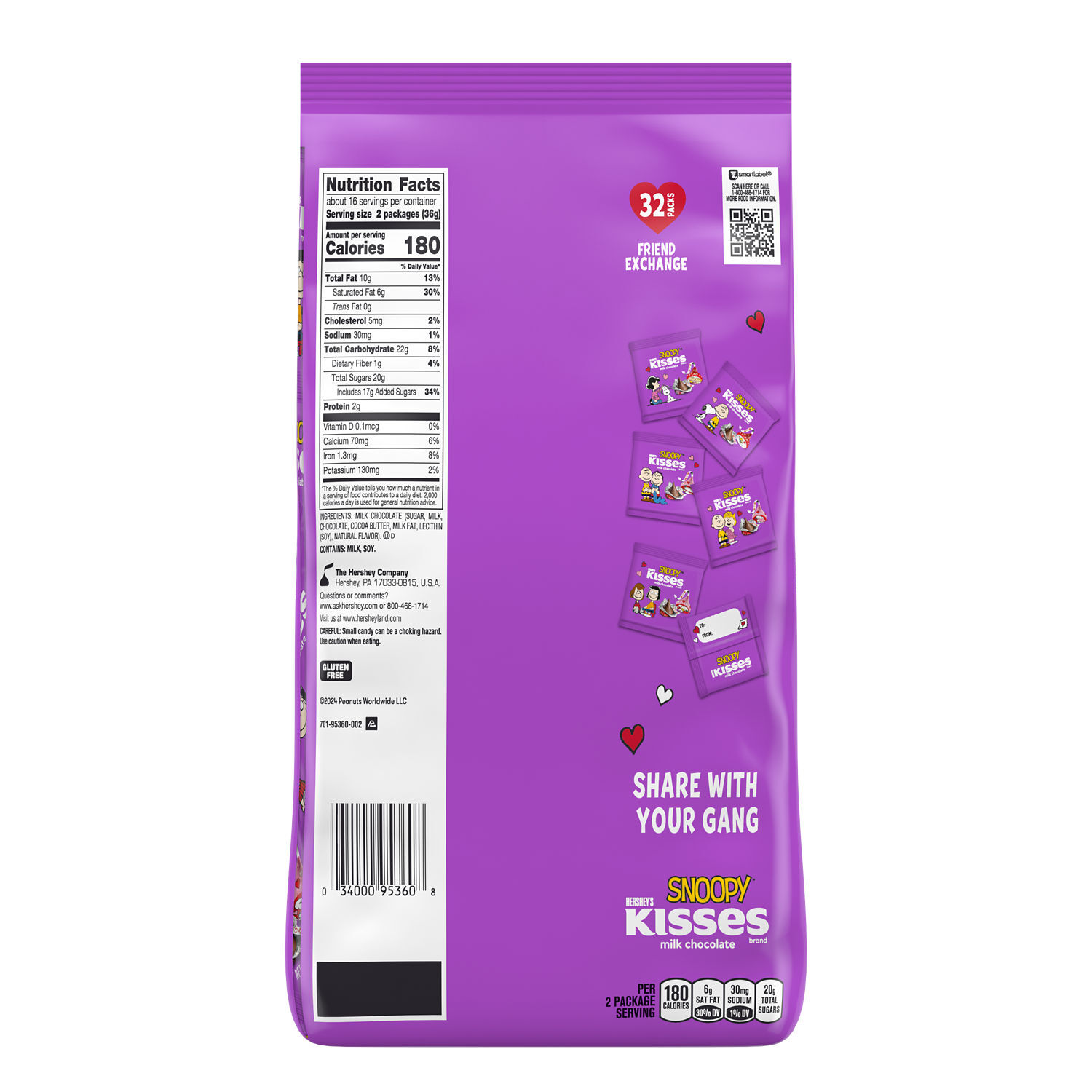 HERSHEY’S KISSES Milk Chocolate Snoopy™ and Friends, Valentine’s Friend Exchange Candy Bag, 20.5 oz (32 Pieces) - THE HERSHEY COMPANY